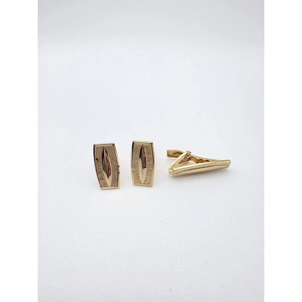 Vtg Gold Tone Cufflinks & Tie Clip Bar Clasp Set Textured Bullet Back FREE $HIP!